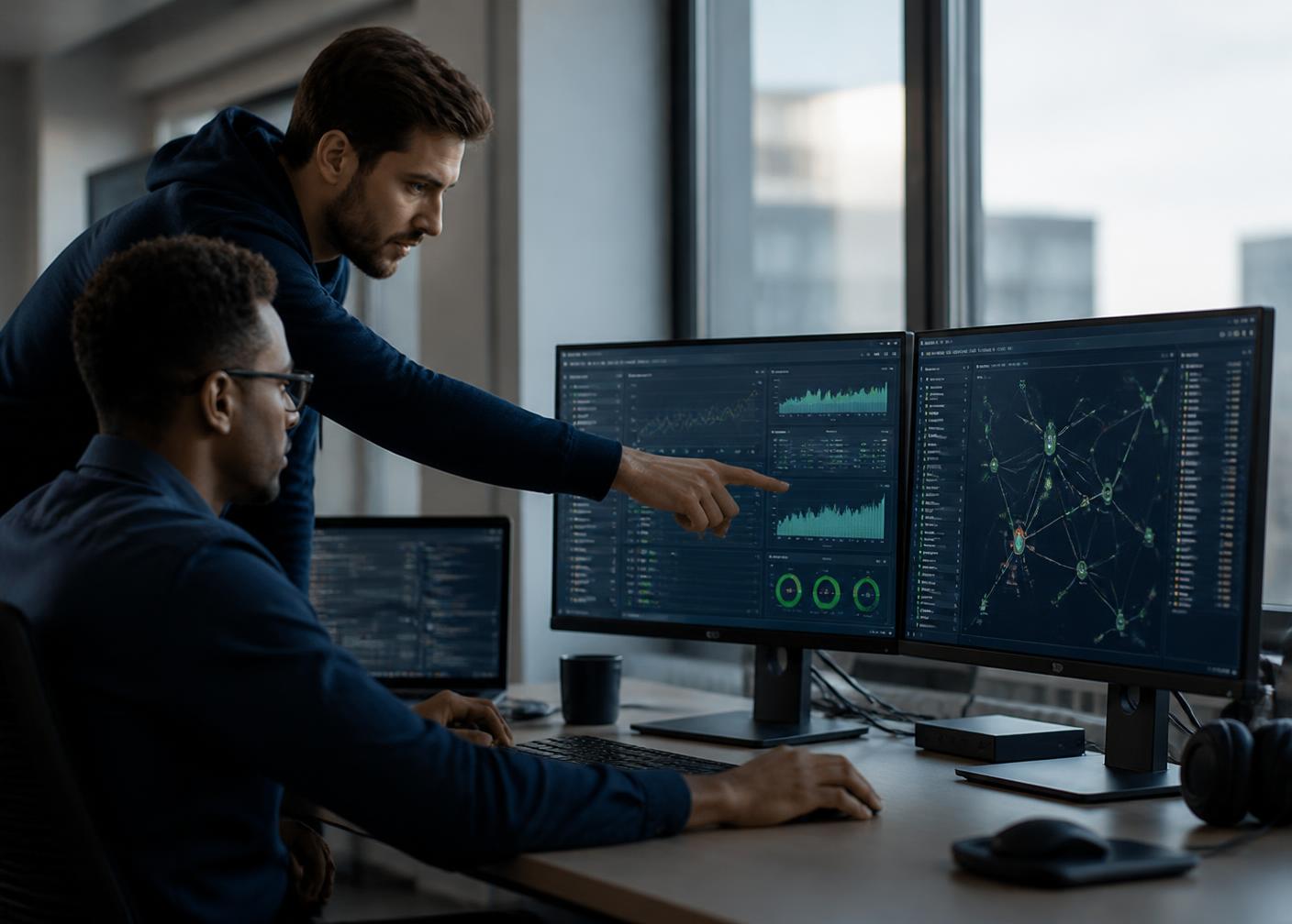 Especialistas da SolusData acompanhando o monitoramento de um ambiente corporativo